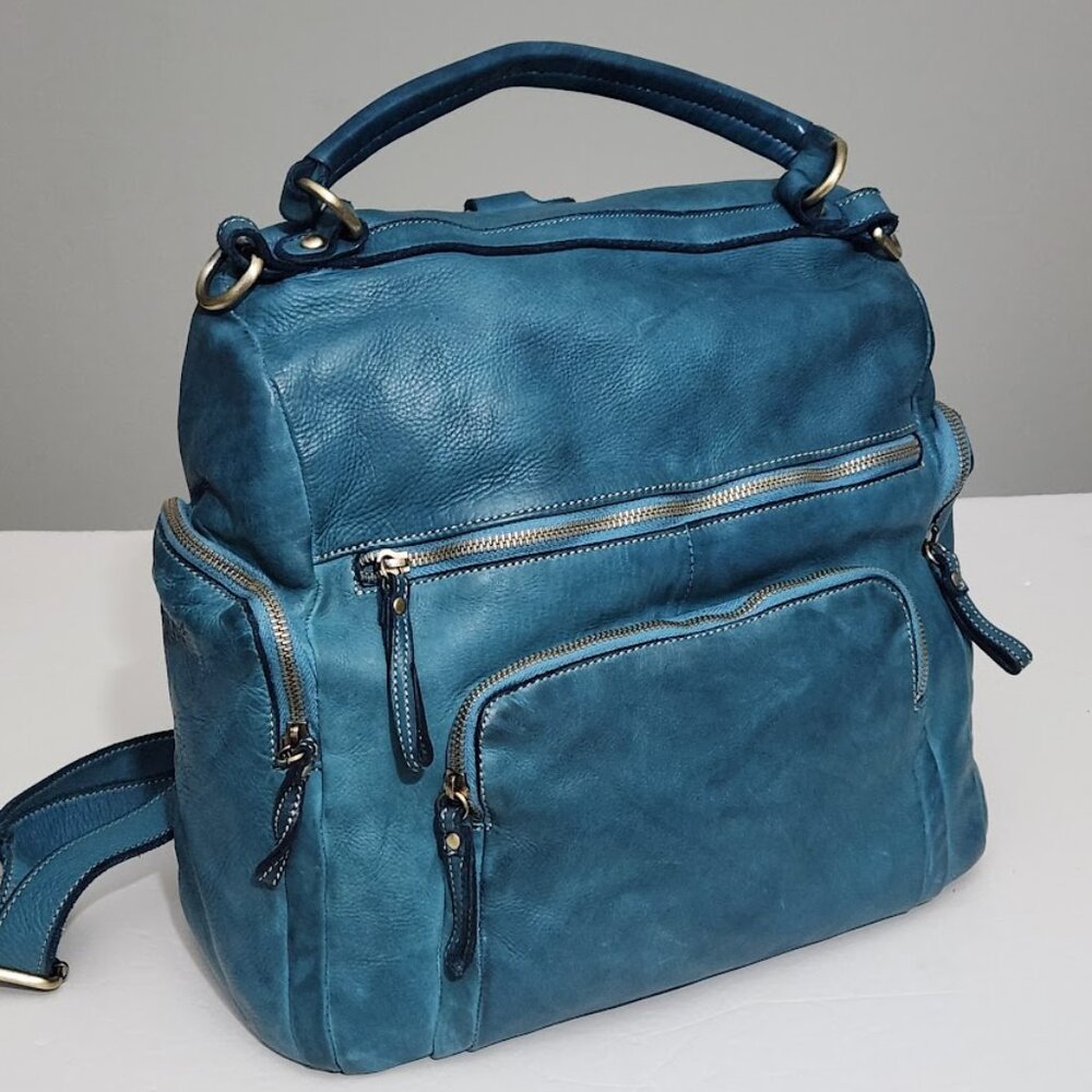 LUSHER CO QUEST BACKPACK BAG TEAL DISTRESSED LEATHER